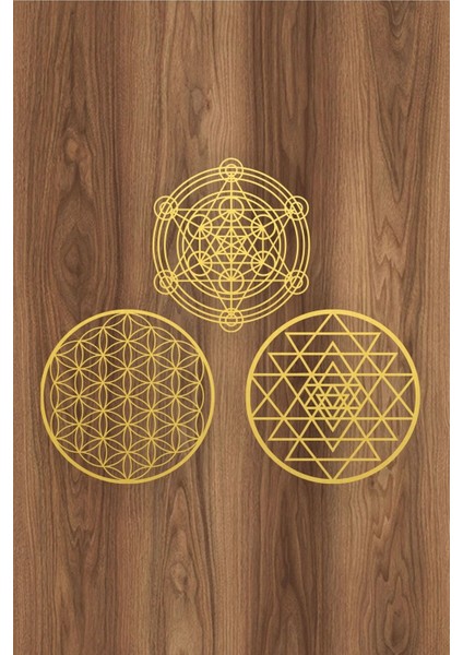 Ahşap Yaşam Çiçeği Sri Yantra Metatron Bolluk Bereket Sembolleri Üçlü Dekoratif Tablo Duvar Süsü fırsatları