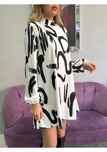 Kadın Uzun Kollu Yarı Balıkçı Yaka Desenli Kısa Dalgıç Elbise fırsatları
