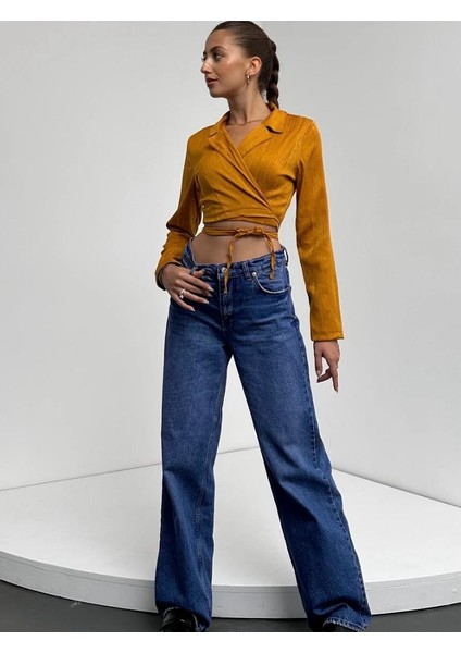 Gömlek Yaka Beli Bağlamalı Crop Bluz