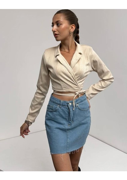 Gömlek Yaka Beli Bağlamalı Crop Bluz fiyatları
