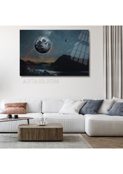 Gezegenler ve Meteor Manzarası Kırılmaz Cam Duvar Tablosu Salon Tablosu Dijital Baskı Duvar Dekoru