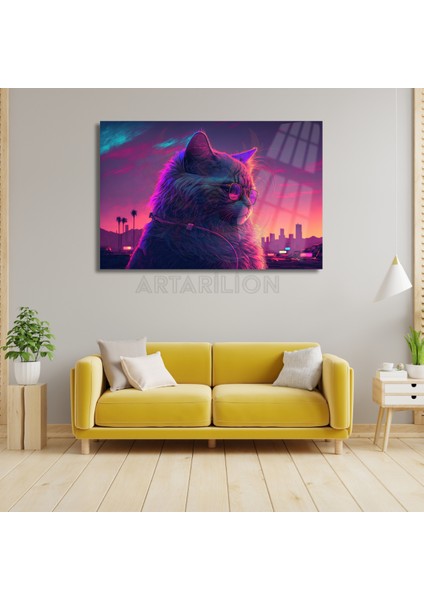 Kırılmaz Cam Tablo Neon Renkli Gözlüklü Kedi Görseli Dijital Baskı Tablo Kedi Tablosu