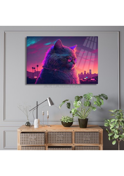 Kırılmaz Cam Tablo Neon Renkli Gözlüklü Kedi Görseli Dijital Baskı Tablo Kedi Tablosu