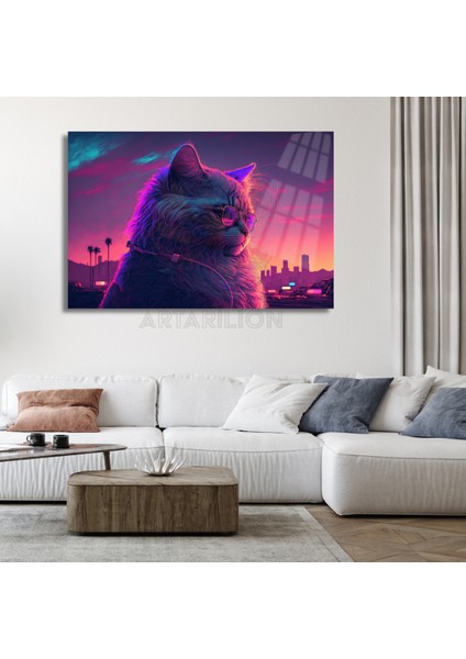 Kırılmaz Cam Tablo Neon Renkli Gözlüklü Kedi Görseli Dijital Baskı Tablo Kedi Tablosu