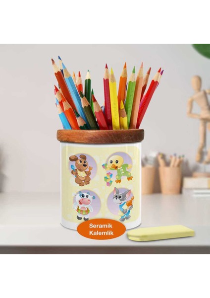Gülümseyen Sevimli Hayvan Dostlar Ahşaplı Seramik Kalemlik -75 fiyatları