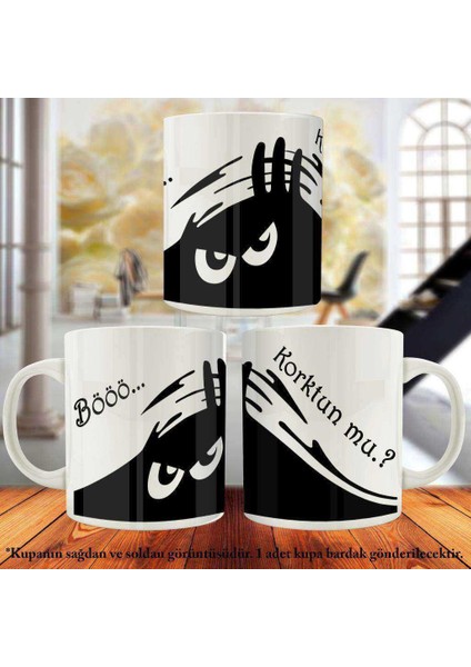 Asil Hediyelik Çift Yön Renkli Baskılı Bardaktan Çıkan Sevimli Canavar-Korktun Mu- Mizah Kupa Bardak