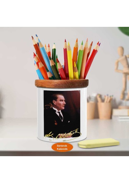Mustafa Kemal Atatürk Asil Lider Ahşap Seramik Kalemlik -R174 fiyatları