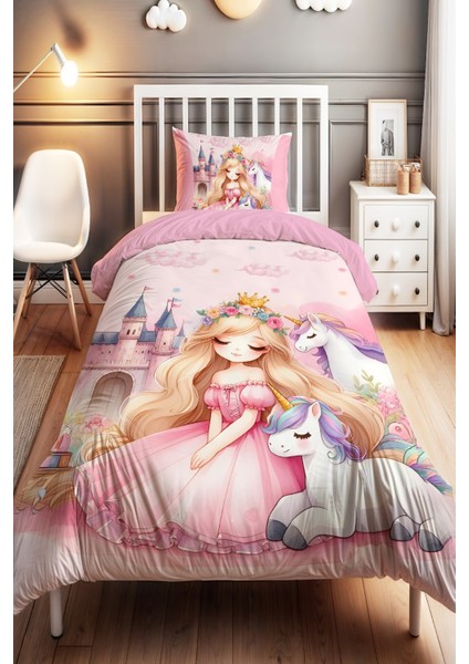 Unicornlu Prenses Desenli Tek Kişilik Bebek Çocuk Nevresim Seti