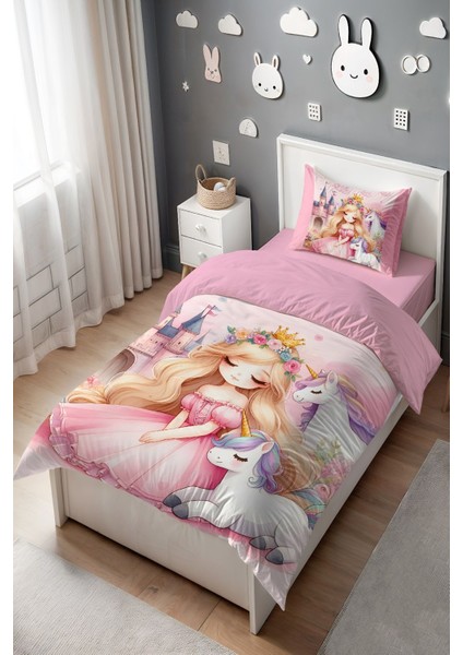 Unicornlu Prenses Desenli Tek Kişilik Bebek Çocuk Nevresim Seti