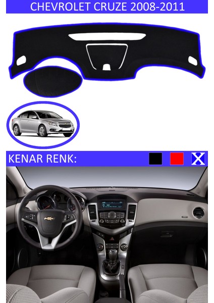 Chevrolet Cruze 2008-2011 Için Uygun Torpido Koruma Halısı Siyah Kenar Renk Mavi