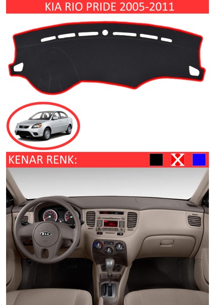 Kia Rio Pride 2005-2011 Için Uygun Torpido Koruma Halısı Siyah Kenar Renk Kırmızı