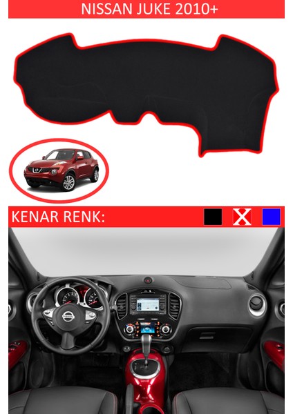 Nissan Juke 2010+ Için Uygun Torpido Koruma Halısı Siyah Kenar Renk Kırmızı