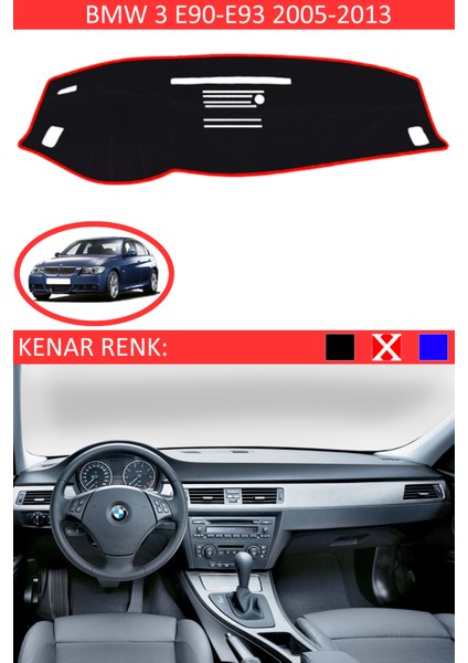 Bmw 3 E90-E93 2005-2013 Için Uygun Torpido Koruma Halısı Siyah Kenar Renk Kırmızı