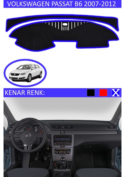 Volkswagen Passat B6 2007-2012 Için Uygun Torpido Koruma Halısı Siyah Kenar Renk Mavi