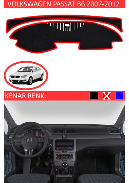 Volkswagen Passat B6 2007-2012 Için Uygun Torpido Koruma Halısı Siyah Kenar Renk Kırmızı