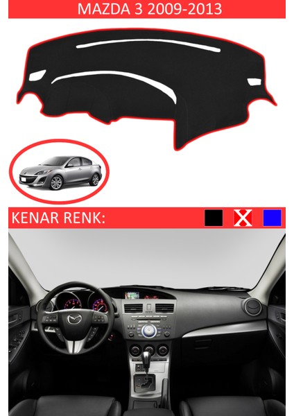 Mazda 3 2009-2013 Için Uygun Torpido Koruma Halısı Siyah Kenar Renk Kırmızı