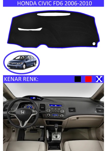 Honda Civic Fd6 2006-2010 Için Uygun Torpido Koruma Halısı Siyah Kenar Renk Mavi