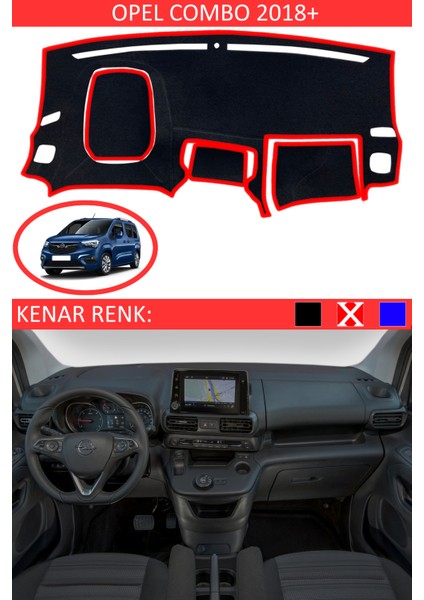 Opel Kombo 2018+ Için Uygun Torpido Koruma Halısı Siyah Kenar Renk Kırmızı