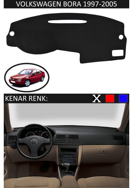 Volkswagen Bora 1997-2005 Için Uygun Torpido Koruma Halısı Siyah Kenar Renk Siyah