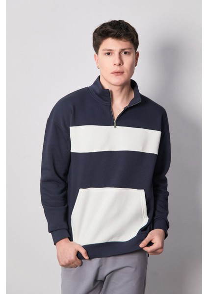 3 Iplik Renk Bloklu Yarım Fermuarlı Kanguru Cep Sweatshirt