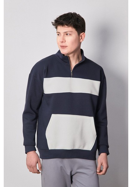 3 Iplik Renk Bloklu Yarım Fermuarlı Kanguru Cep Sweatshirt fiyatları