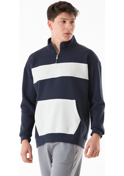 3 Iplik Renk Bloklu Yarım Fermuarlı Kanguru Cep Sweatshirt modelleri