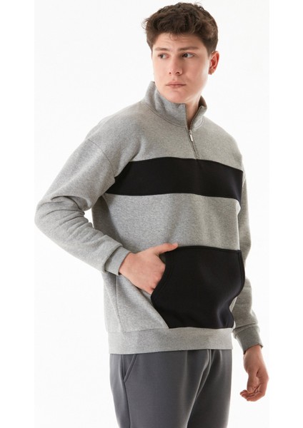 3 Iplik Renk Bloklu Yarım Fermuarlı Kanguru Cep Sweatshirt