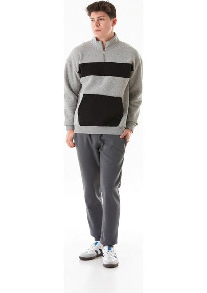 3 Iplik Renk Bloklu Yarım Fermuarlı Kanguru Cep Sweatshirt fırsatları