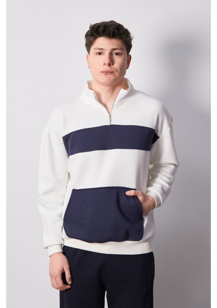 3 Iplik Renk Bloklu Yarım Fermuarlı Kanguru Cep Sweatshirt