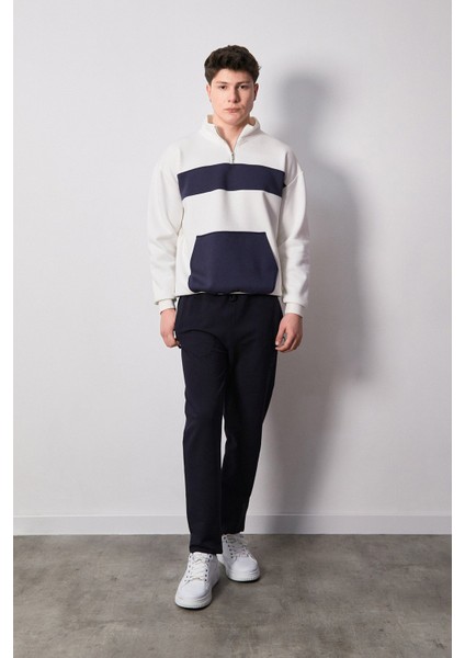 3 Iplik Renk Bloklu Yarım Fermuarlı Kanguru Cep Sweatshirt