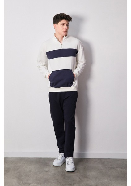3 Iplik Renk Bloklu Yarım Fermuarlı Kanguru Cep Sweatshirt