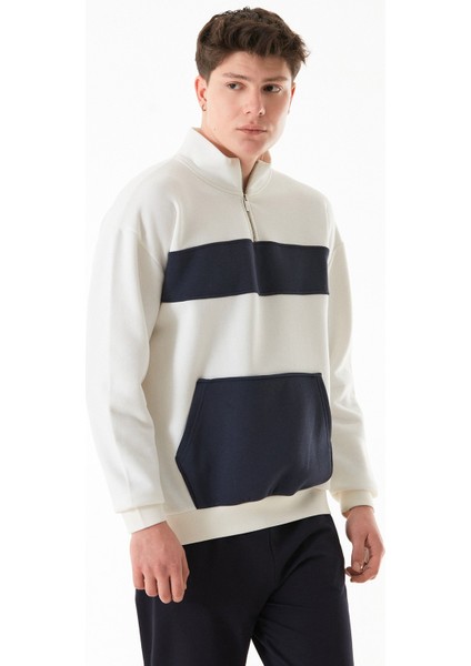 3 Iplik Renk Bloklu Yarım Fermuarlı Kanguru Cep Sweatshirt