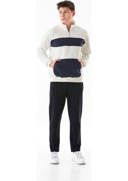 3 Iplik Renk Bloklu Yarım Fermuarlı Kanguru Cep Sweatshirt