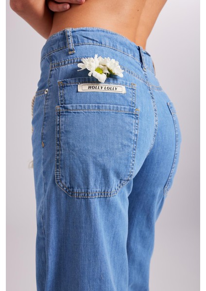 Beli Bağlamalı Orta Düşük Bel Yumuşak Dokulu Lose jean pantolon Mavi fırsatları