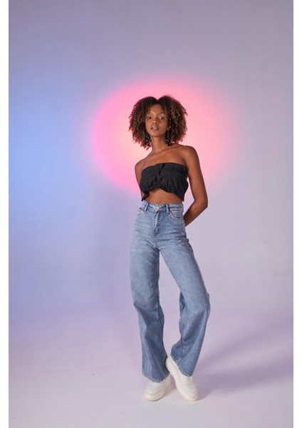 Kadın Mavi Yüksek Bel Wide Leg Carino Jean