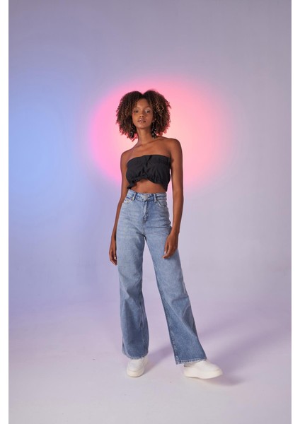Kadın Mavi Yüksek Bel Wide Leg Carino Jean
