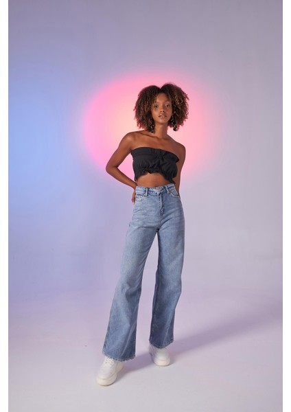 Kadın Mavi Yüksek Bel Wide Leg Carino Jean