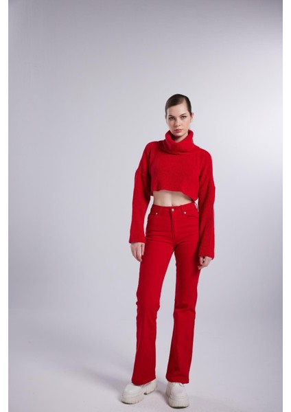Kadın Kırmızı Yüksek Bel Fermuarlı Wide Leg Alert Jean