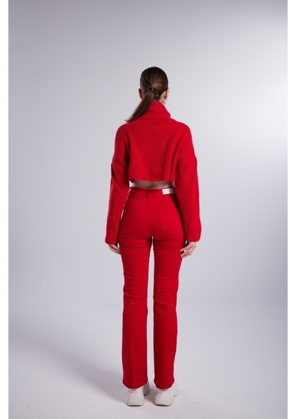 Kadın Kırmızı Yüksek Bel Fermuarlı Wide Leg Alert Jean