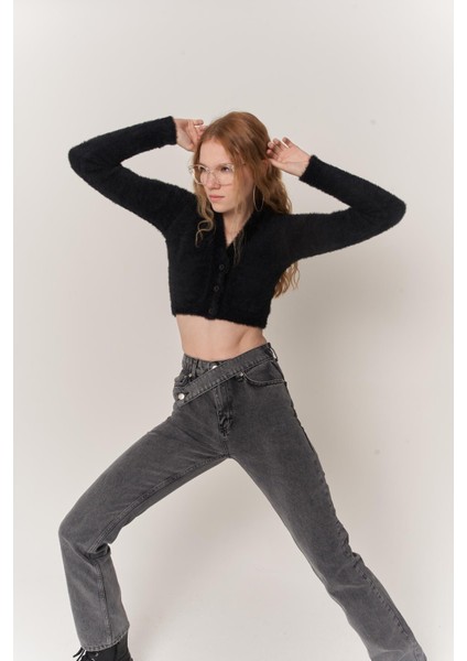 Kadın Gri Denim Kumaş Yüksel Bel Straight Kesim Fuerza Jean fiyatları