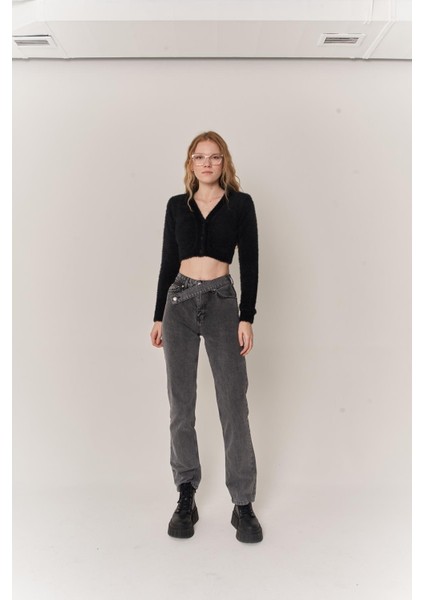 Kadın Gri Denim Kumaş Yüksel Bel Straight Kesim Fuerza Jean indirimleri