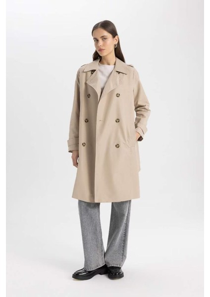 Su Geçirmez Mevsimlik Trençkot Kruvaze Yaka Düğmeli Cepli Kemerli Apoletli A0593AX25SP