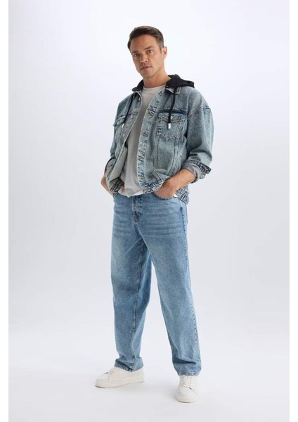 %100 Pamuk Oversize Geniş Kalıp Kapüşonlu Düğmeli Mevsimlik Baharlık Jean Ceket D0417AX25SP