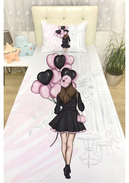 Genç Kız Pembe Balonlu Desenli Yatak Örtüsü ve Yastık Kılıfı