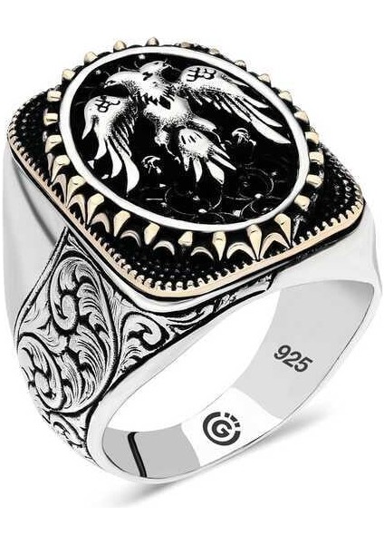 Gümüş Çift Başlı Kartal Oval Erkek Yüzük