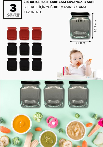 3 ADET CAM BEBEK MAMA, YOĞURT VE TAŞIMA KAVANOZU 250ML
