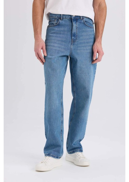 %100 Pamuk Baggy Fit Geniş Kalıp Normal Bel Geniş Paça Jean Pantolon B5783AX25SP