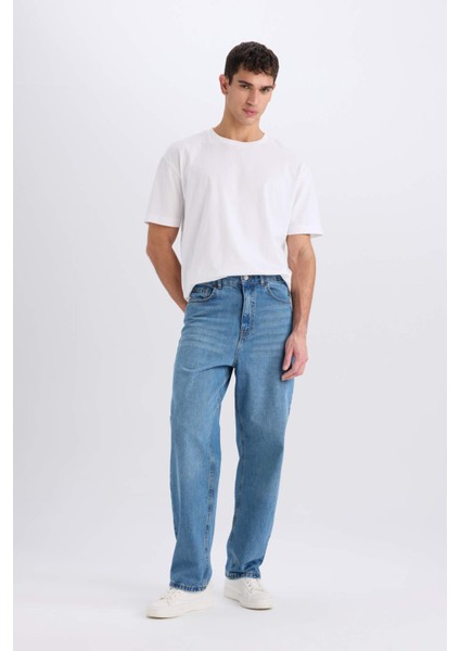 %100 Pamuk Baggy Fit Geniş Kalıp Normal Bel Geniş Paça Jean Pantolon B5783AX25SP