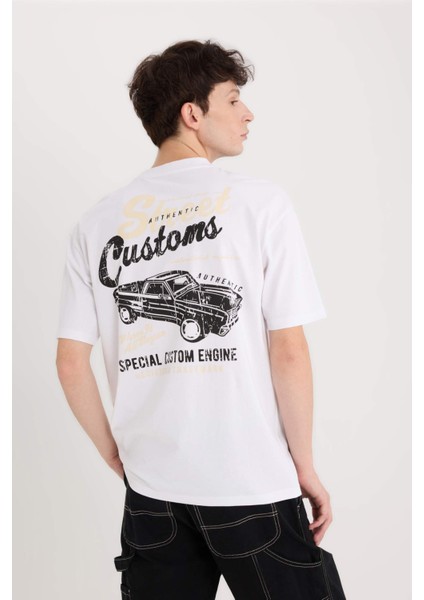 %100 Pamuk Boxy Fit Bisiklet Yaka Sırt Baskılı Kısa Kollu Tişört D5584AX25SP