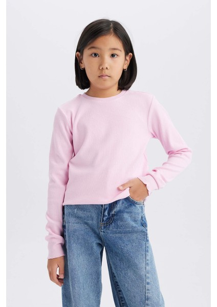 Kız Çocuk Slim Fit Dar Kesim Bisiklet Yaka Ribana Uzun Kollu Basic Düz Tişört B7452A825SP